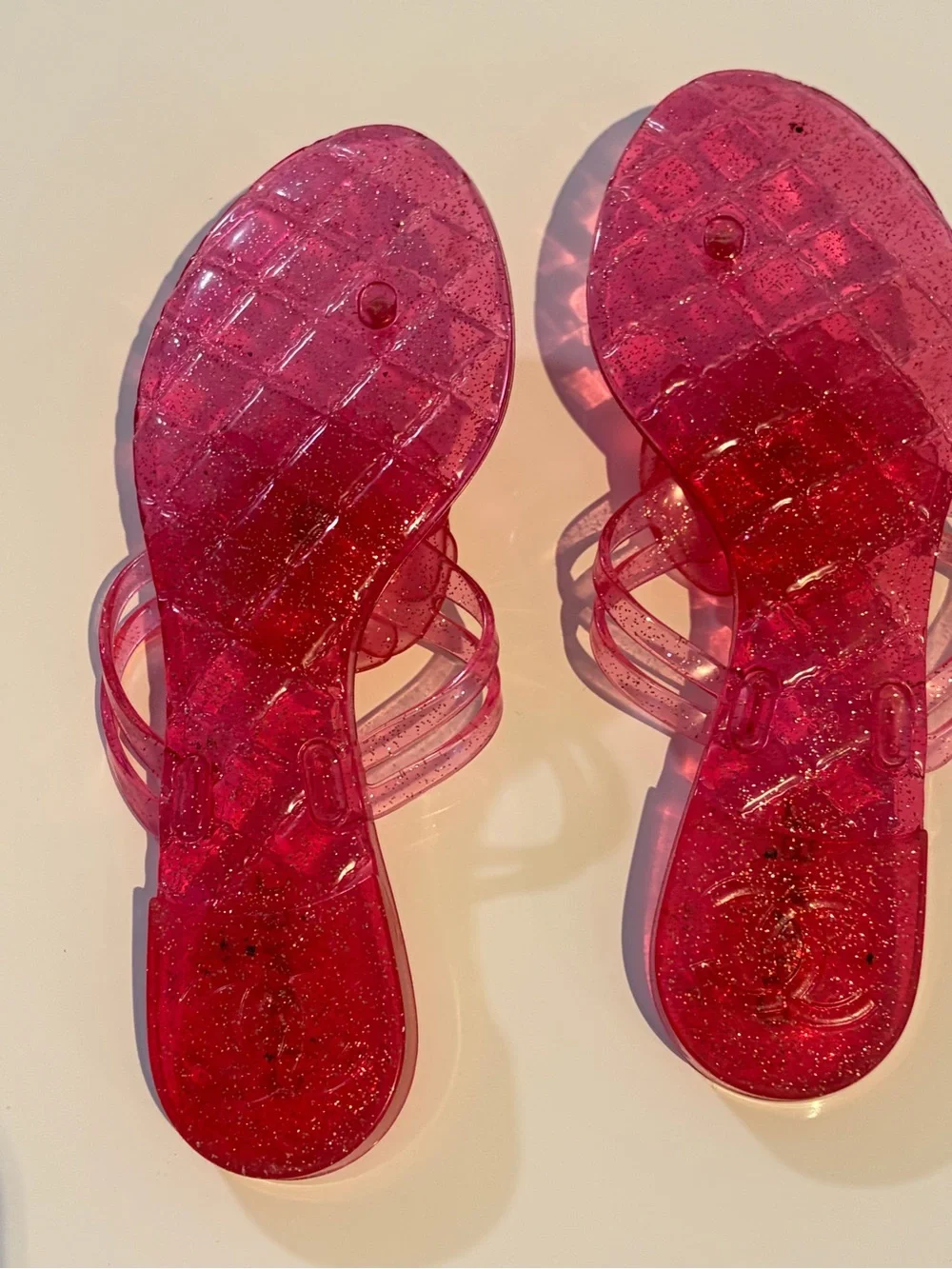 CHANEL Pink Glitter Jelly Sandals with Camellia Accent